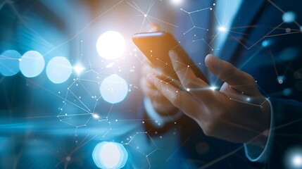 Leinwandbilder - Businessman using mobile smart phone. Business global internet connection application technology and digital marketing, Financial and banking, Digital link tech, big data. : Generative AI