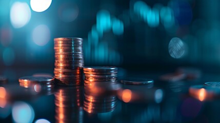 Poster - Double exposure image of coin stacks on technology financial graph background.Economy trends background for business ,financial meltdown ,Cryptocurrency digital economy. : Generative AI