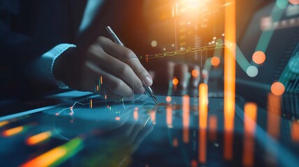 Leinwandbilder - Businessman draw growth graph analysing stock market profit on global business investment. Banking, financial planning management strategy for business growth and success on data netwo : Generative AI