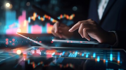 Leinwandbilder - Businessman using tablet analyzing sales data and economic growth graph chart and block chain technology on global network on dark background. : Generative AI