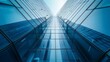 © Generative AI - Wide angle abstract background view of steel light blue high rise commercial building skyscraper made of glass exterior. concept of successful industrial architecture and office center : Generative AI