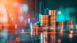 © Generative AI - Double exposure image of coin stacks on technology financial graph background.Economy trends background for business ,financial meltdown ,Cryptocurrency digital economy. : Generative AI