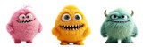 Cute pink, yellow and green funny monster isolated on transparent background png. Fairy tale concept.