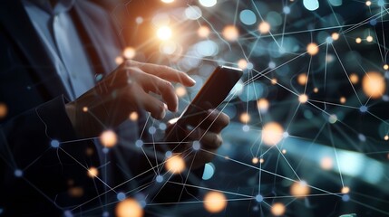 Leinwandbilder - Businessman using mobile smart phone. Business global internet connection application technology and digital marketing, Financial and banking, Digital link tech, big data. : Generative AI