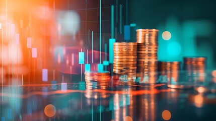 Leinwandbilder - Double exposure image of coin stacks on technology financial graph background.Economy trends background for business ,financial meltdown ,Cryptocurrency digital economy. : Generative AI