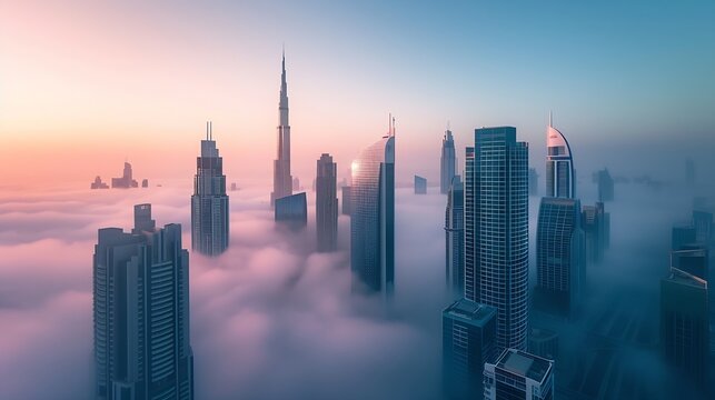 Mega tall skyscrapers of Dubai covered in early morning think fog. Rare aerial perspective. : Generative AI