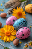 Fototapeta Mapy - Easter greeting card with colorful eggs on a gray background. Happy Easter and Spring Holidays