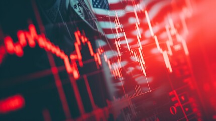 Poster - Stock market trading graph in red color economy. usa flag dollar bill background. Trading trends and economic development. Effect of recession on US economy. Stock crash market exchang : Generative AI