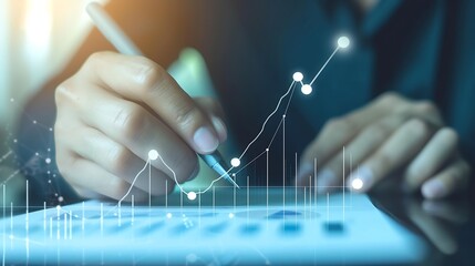 Poster - Businessman draw growth graph and progress of business and analyzing financial and investment data ,business planning and strategy on blue background. : Generative AI