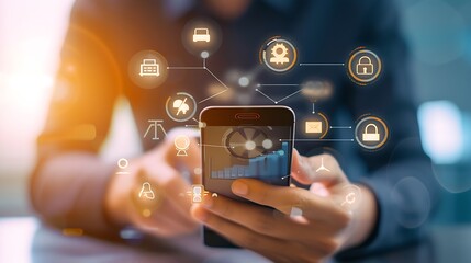 Leinwandbilder - Businessman online using mobile banking payment with financial application icons. Financial innovation technology develop smart e commerce service and growth digital transaction. Digit : Generative AI