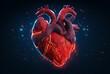  digital human heart   on a dark background, circuit board in the middle , future of medicine, human heart digital, low poly heart, 3D rendered illustration of heart ,copy space
