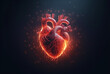  digital human heart   on a dark background, circuit board in the middle , future of medicine, human heart digital, low poly heart, 3D rendered illustration of heart ,copy space,red
