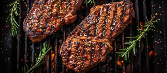 Poster - Aerial perspective of seasoned grilled steak