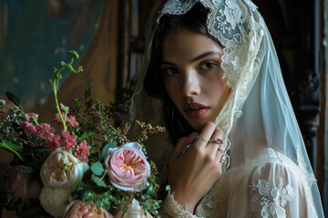 Wall Mural - model wearing a veil and a ring in a church with a bouquet