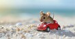 Toy mouse enjoys a ride in a toy car, rolling through the sand with playful abandon, Ai Generated.