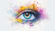 Close-up of an eye with colorful abstract paint splatter, accentuating eyelashes. Ai Generated