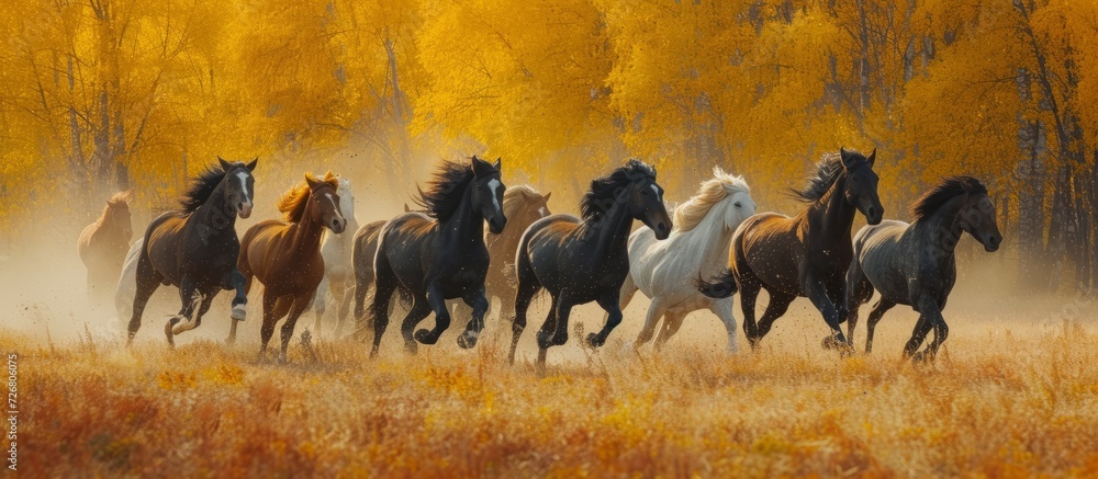 Autumn field filled with energetic horses of Don breed.