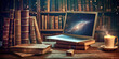 © Planetz - library concept in front of books and laptop on a table, education technology and online learning