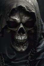 An Illustration Of The Hooded Grim Reaper In A Realistic Look. Close-up Of The Grim Reaper's Hooded Skull Shrouded In Shadow. Personification Of The Figure Of Death.