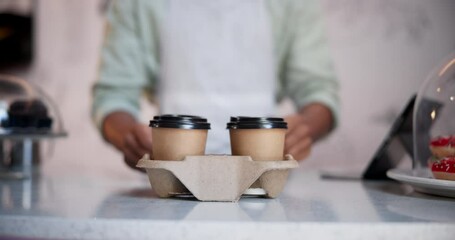 Wall Mural - Person, hands and barista serving coffee at cafe for customer service, latte or order on table or counter. Closeup of waiter giving cappuccino, tea or beverage for purchase at restaurant or cafeteria