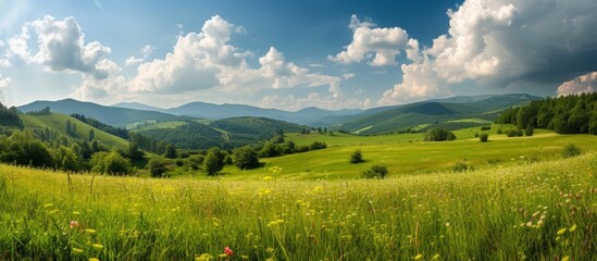 Wall Mural - picturesque carpathian countryside with blooming herbs, a green field, and fluffy clouds on a sunny 