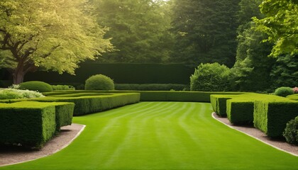 Wall Mural - Beautifully manicured lawn on a bright summer day, surrounded by lush trees and bushes