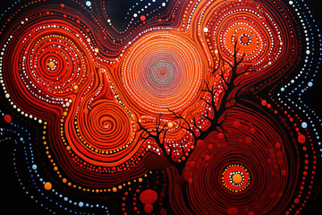 Wall Mural - Australian Aboriginal dot painting style art dreaming background in bright colors on a black background.