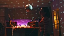 Carefree Girl Dancing Alone After Night Party In Apartment. Lady Listening Music