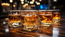 Luxury Bar, Night Celebration, Glass Of Whiskey, Ice, Reflection Generated By AI