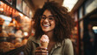 Young woman enjoying ice cream outdoors, smiling with confidence generated by AI