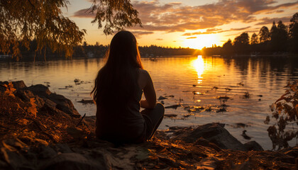 Wall Mural - A young woman meditates, enjoying the serene beauty of nature generated by AI