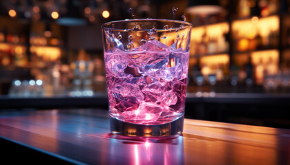 Poster - Nightclub bar counter, illuminated with blue background, pouring whiskey cocktail generated by AI