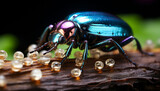 Fototapeta Konie - Small insect in nature, close up of multi colored weevil generated by AI