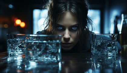 Wall Mural - Young woman drinking water, looking at camera, in a bar generated by AI