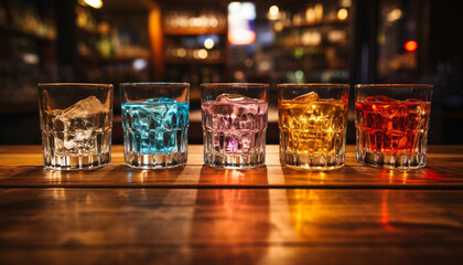 Poster - Nightclub bar counter, whiskey cocktail glass, illuminated blue celebration generated by AI