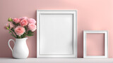 Fototapeta  - 3D blank photo frame mockup isolated flower pastel background with space text for women's day and mother's day poster illustration