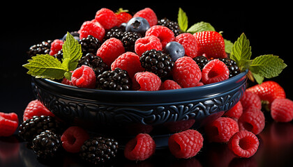 Poster - Freshness and nature in a bowl of berry fruit dessert generated by AI