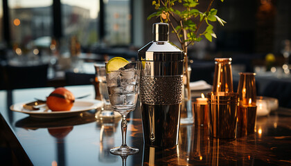 Poster - Luxury bar table with elegant wine bottle and glass generated by AI