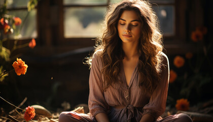 Wall Mural - A beautiful young woman sitting outdoors, smiling in autumn generated by AI