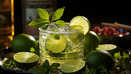 Wall Mural - Refreshing mojito cocktail with citrus fruit and mint leaf garnish generated by AI