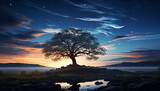 Fototapeta  - Silhouette of tree against blue sky at dusk generated by AI