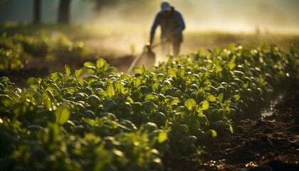 Sticker - One person working outdoors, planting green plants in the farm generated by AI