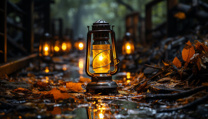 Sticker - Glowing lantern illuminates dark autumn night in nature generated by AI