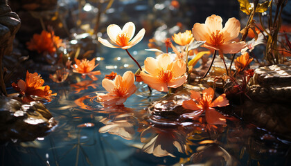 Sticker - Vibrant colored flower head reflects on tranquil pond generated by AI