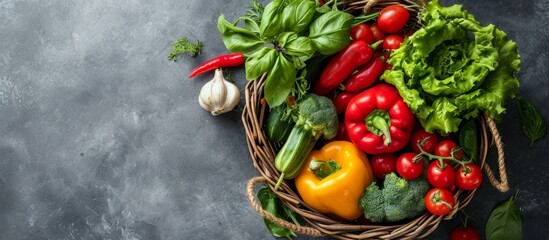Wall Mural - Basket filled with fresh organic vegetables, including paprika, seen from above on a concrete background, representing the concept of healthy food and gardening.