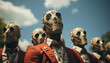 © Stockgiu - Men in army suits celebrate Halloween with spooky skeleton parade generated by AI