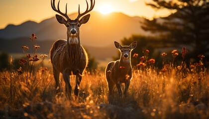 Sticker - Deer grazing in meadow, nature tranquil beauty generated by AI