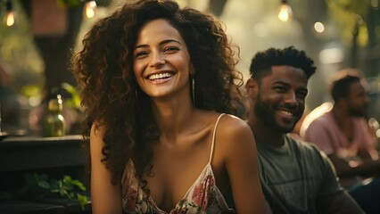 Wall Mural - An African American couple exchange smiles while sitting on a park bench. The woman holds a colorful modern dress against her body