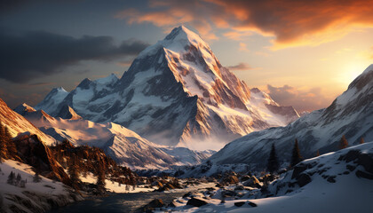 Wall Mural - Majestic mountain peak, snowcapped and serene, a tranquil winter generated by AI