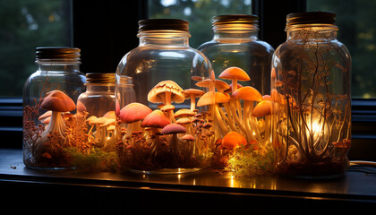 Sticker - Freshness of autumn edible mushroom collection in glass jar generated by AI